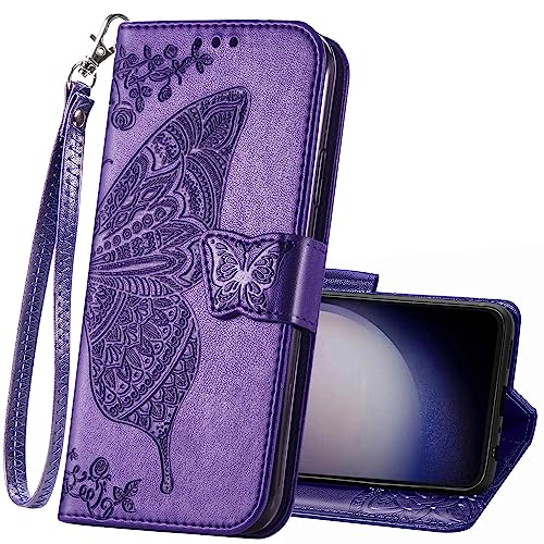 for Samsung Galaxy S23 FE Phone Case Wallet,Women Flip Folio PU Leather Protective Case Wrist Strap Card Slots Holder Pocket Emboss Butterfly Flower Stand Flip Case for Samsung Galaxy S23 FE Purple