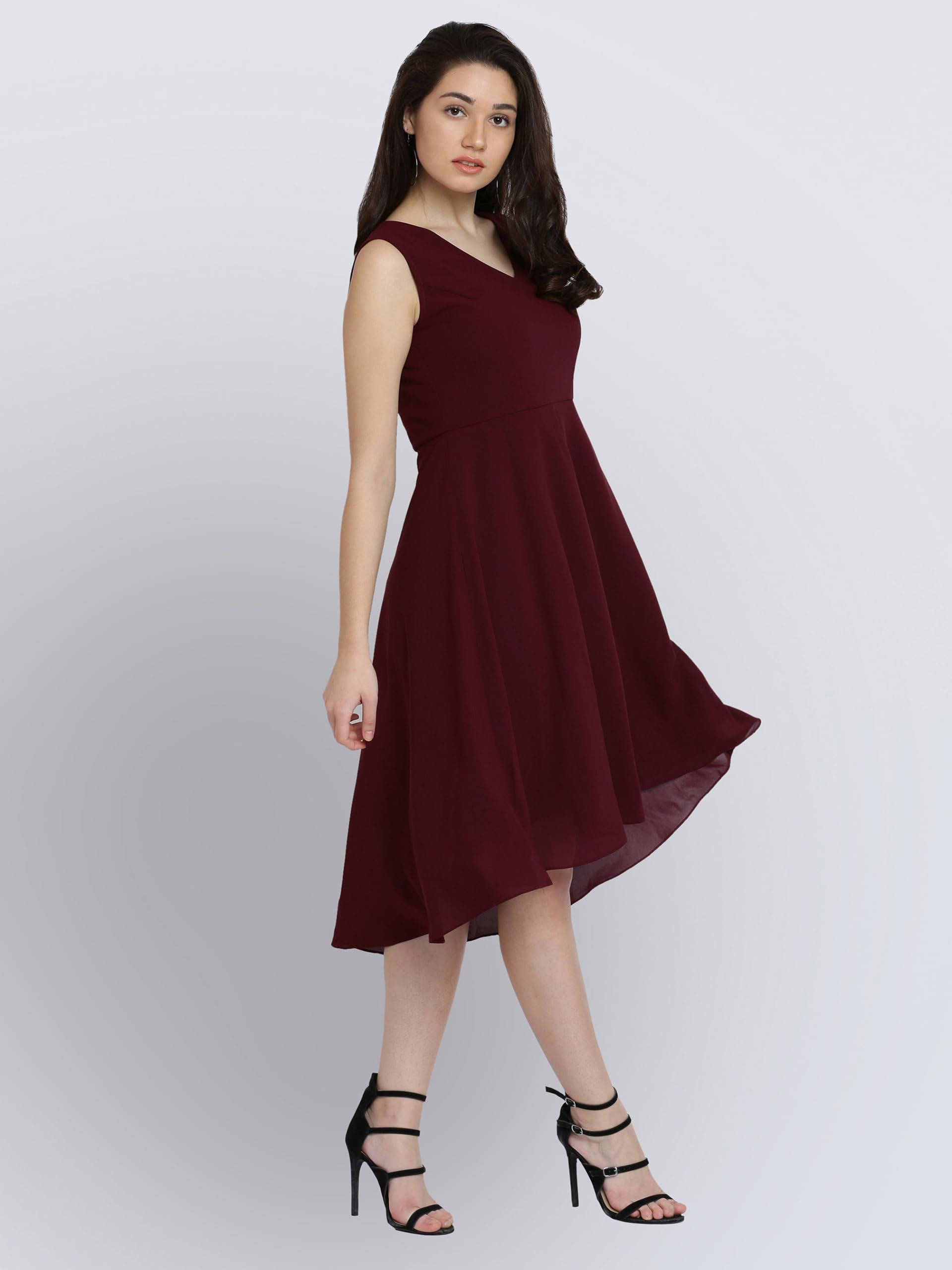 Miss Chase Women's Wine Red High-Low Midi Skater Dress(Mcaw17D10-34-56-03_Wine Red_Small)
