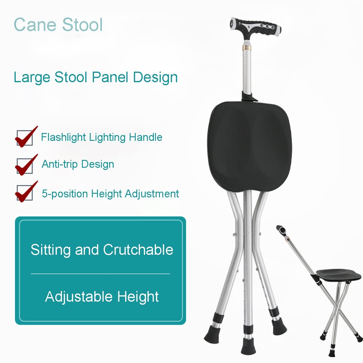 GX Asiento de bastón plegable, silla de muleta ajustable en altura con luz LED, asiento de bastón de aleación de aluminio antideslizante, para personas mayores, discapacitados al aire libre, de espera