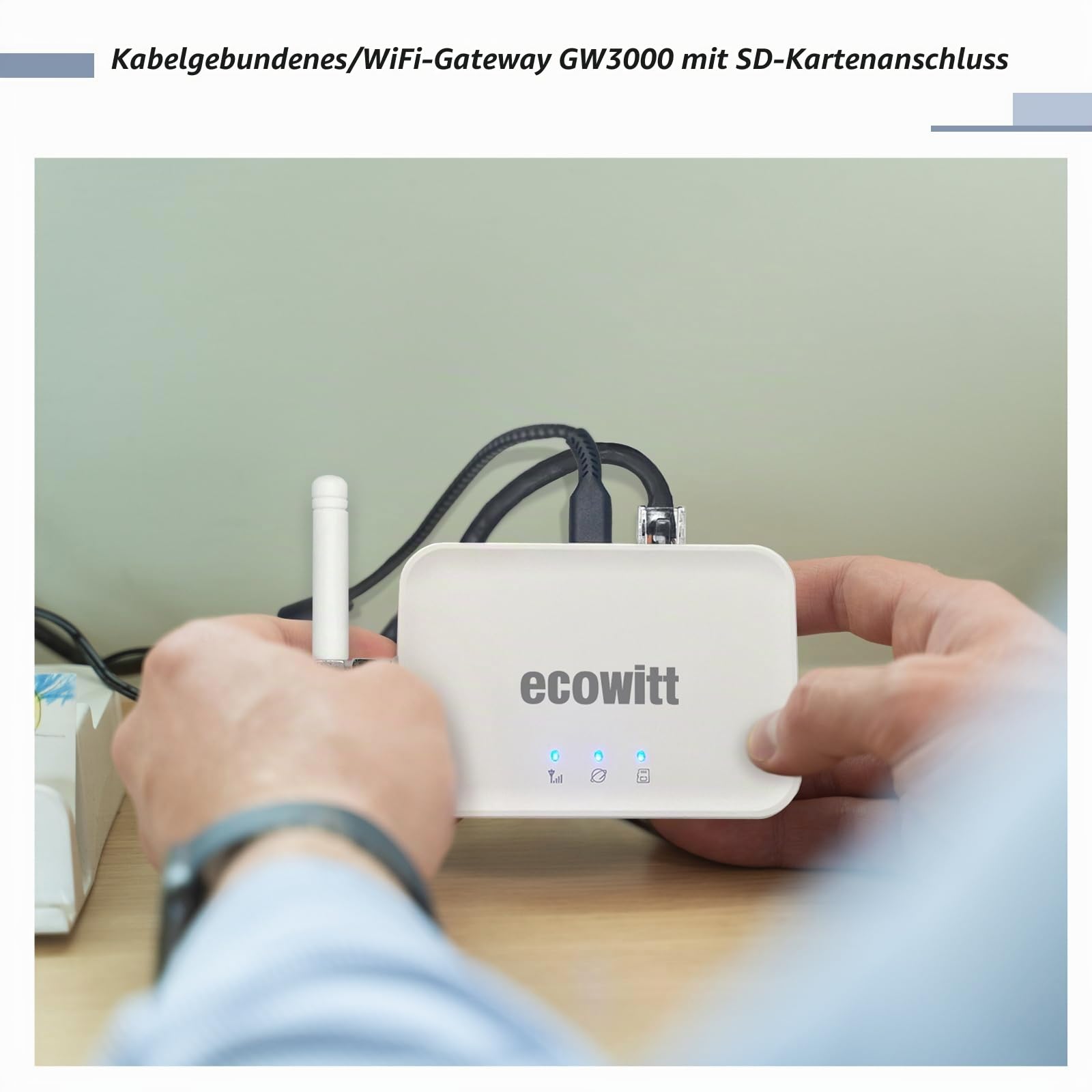 ECOWITT GW3005 Bodenfeuchtesensor Bodenfeuchte Tester WH51 + Wi-Fi/Kabel Gateway GW3000 Eingebauter 3 in 1 Indoor Barometer/Thermometer/Hygrometer Sensoren, Haus Garten Wetter Assistent