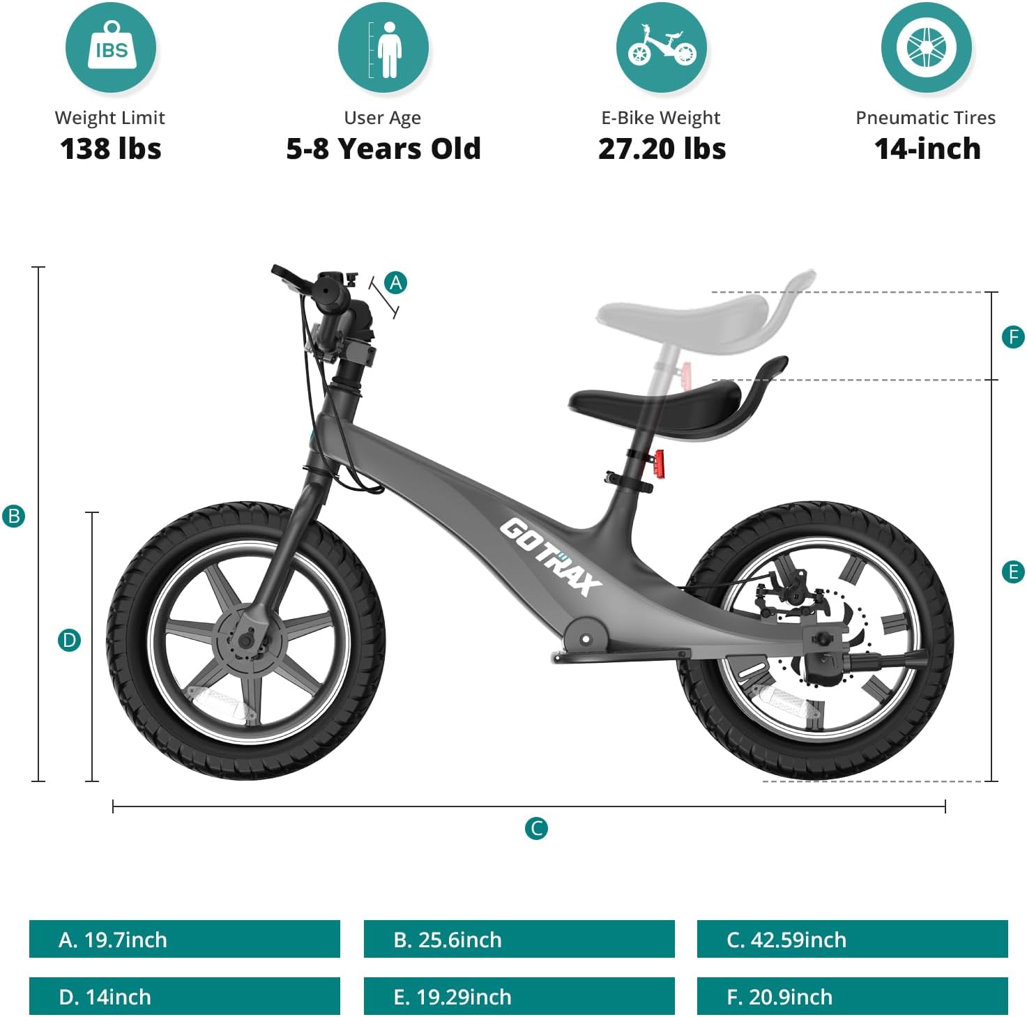 Gotrax elektrisk balancecykel V4 måldiagram