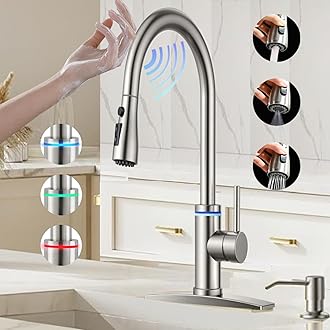 Smart Kitchen Faucet, 3 Modes Pull Down Sprayer, Touch On Sensor Activated, LED Temperature Control, 360-Degree Rotation, 1 or 3 Hole Deck Plate. 10-Year Warranty. (KW-70SN, Brushed Nickel)