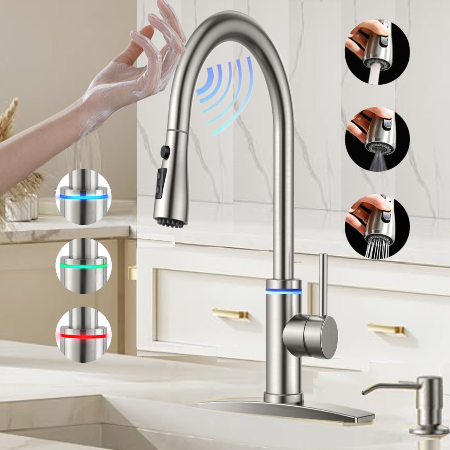 Smart Kitchen Faucet, 3 Modes Pull Down Sprayer, Touch On Sensor Activated, LED Temperature Control, 360-Degree Rotation, 1 or 3 Hole Deck Plate. 10-Year Warranty. (KW-70SN, Brushed Nickel)