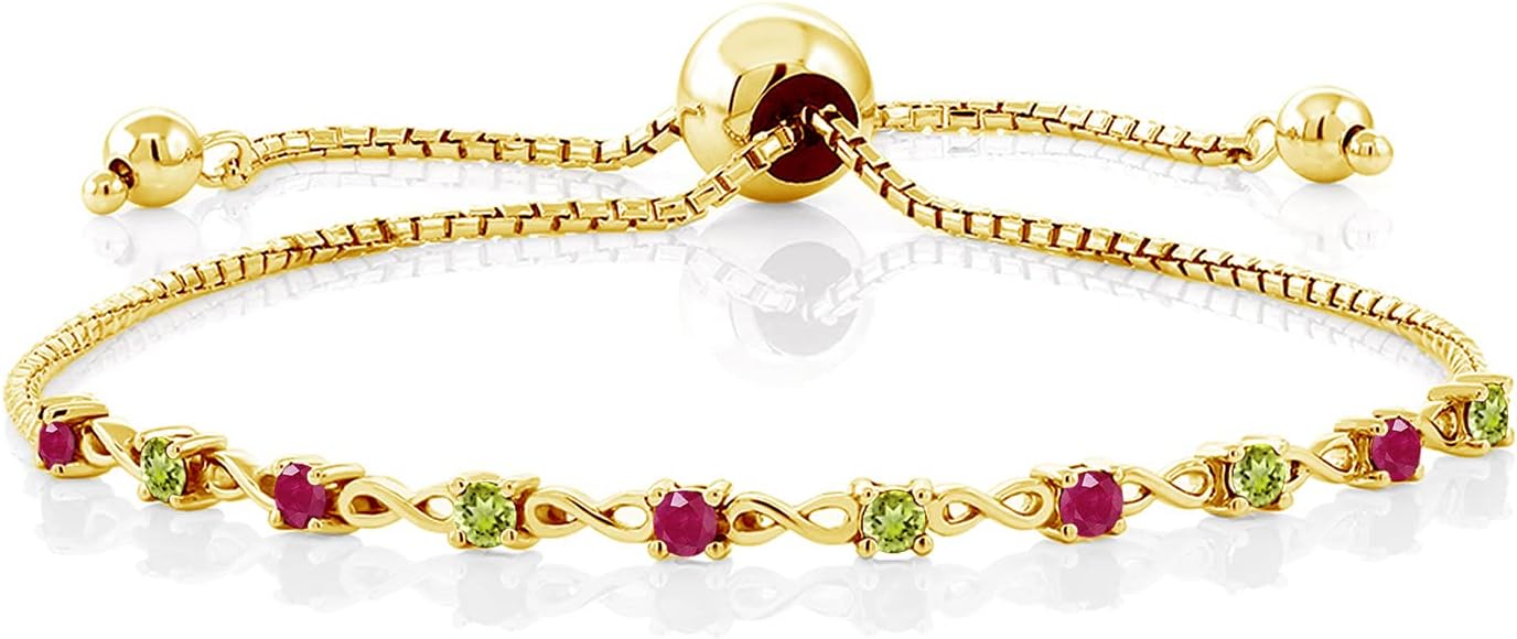 Gem Stone King 0.65 Cttw Round Red Ruby and Green Peridot 18K Yellow Gold Plated Silver Bracelet For Women | Adjustable Bolo Bracelet For Women | Easy-On Easy-Off