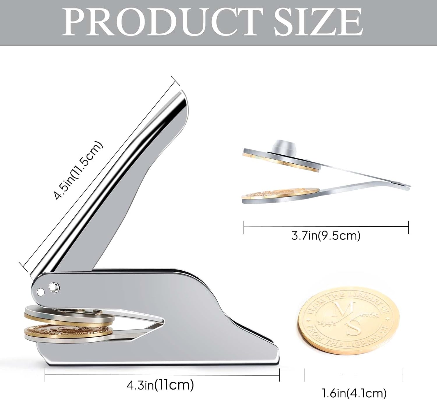 Initial Book Embosser for Wedding, Diaries & Journals Gifts, Embosser Stamp with Storage Box & 10pcs Gold Stickers, Silver Embosser Tool for Book Lovers(MS)