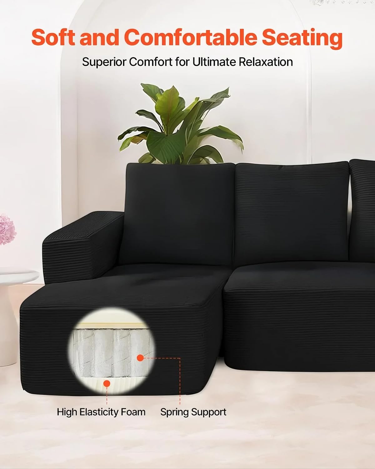 VEVOR Divano Modulare a Letto Angolare a Forma di L con Schiuma, Divano Imbottito in Velluto Capacità Carico 545 kg Lunghezza 265 cm con Cuscini, Mobile per Soggiorno Salone Casa, Nero