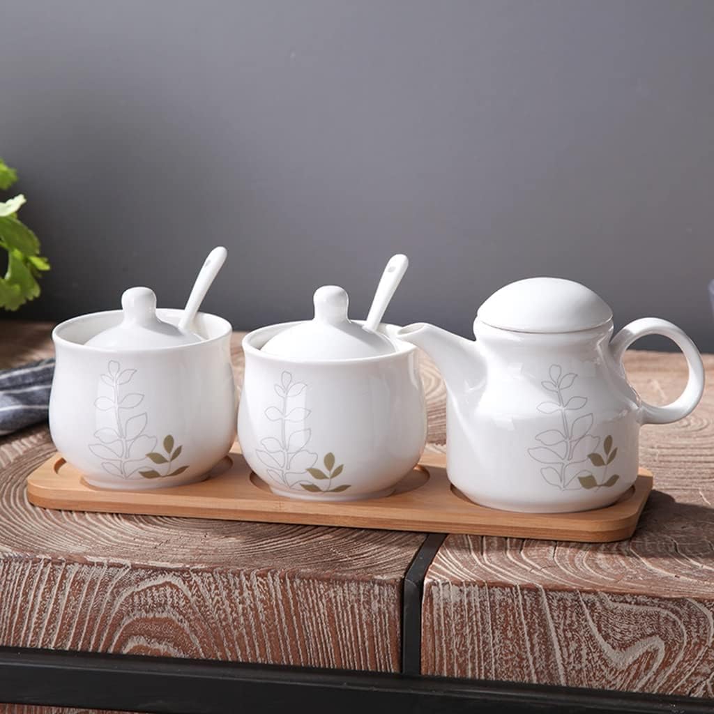 Salt and Sugar Container Sets Ceramic Seasoning Bottle Set with Spoon Lid and Wood Tray Seasoning Jar Set Hand-Painted Seasoning Box Set Kitchen Counter,A-3pcs