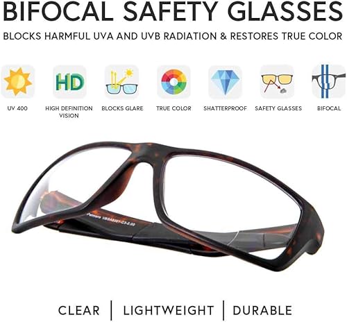 Miniatura 5 de VITENZI Gafas de seguridad con bifocales de lectura, lectores protectores envolventes, paquete de aumento de 1.50 pulgadas de color negro y tortuga