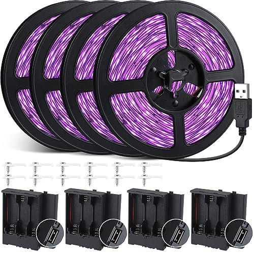 33FT USB Black Lights LED Strip, Battery Operated Black Light Tapestry Light, 300LEDs Blacklight for Bedroom Glassroom, Halloween, Glow Neon Party, Birthday, Fluorescent Poster Painting,4 Pack