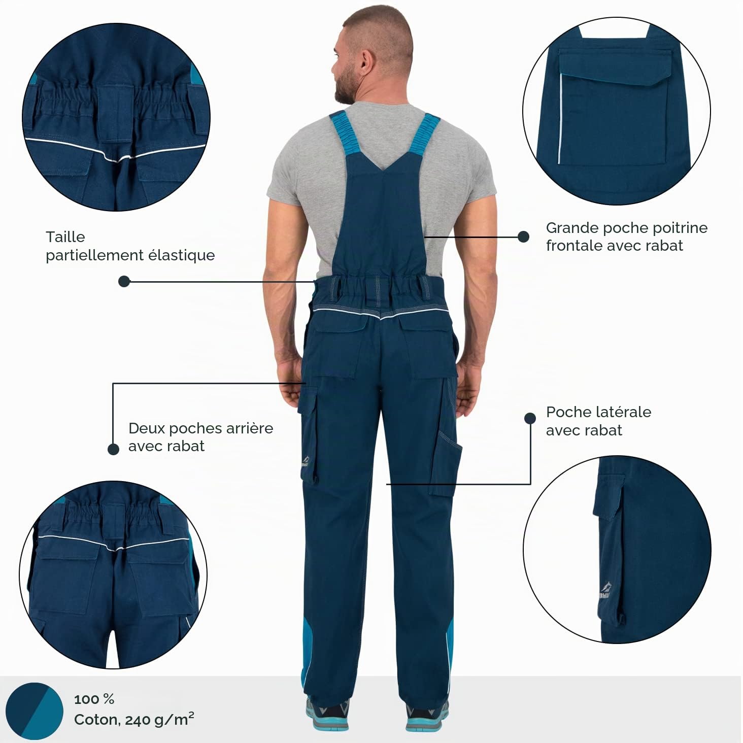 BWOLF Raptor 100% Coton Salopette de Travail Homme Bleu de Travail Homme Salopette de Travail Homme avec Poches Multifonctionnelles, Bandes Réfléchissantes