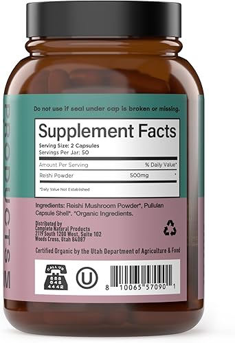 Miniatura 3 de Complete Natural Products Cápsulas orgánicas de hongos Reishi, veganas, sin OMG, sin gluten