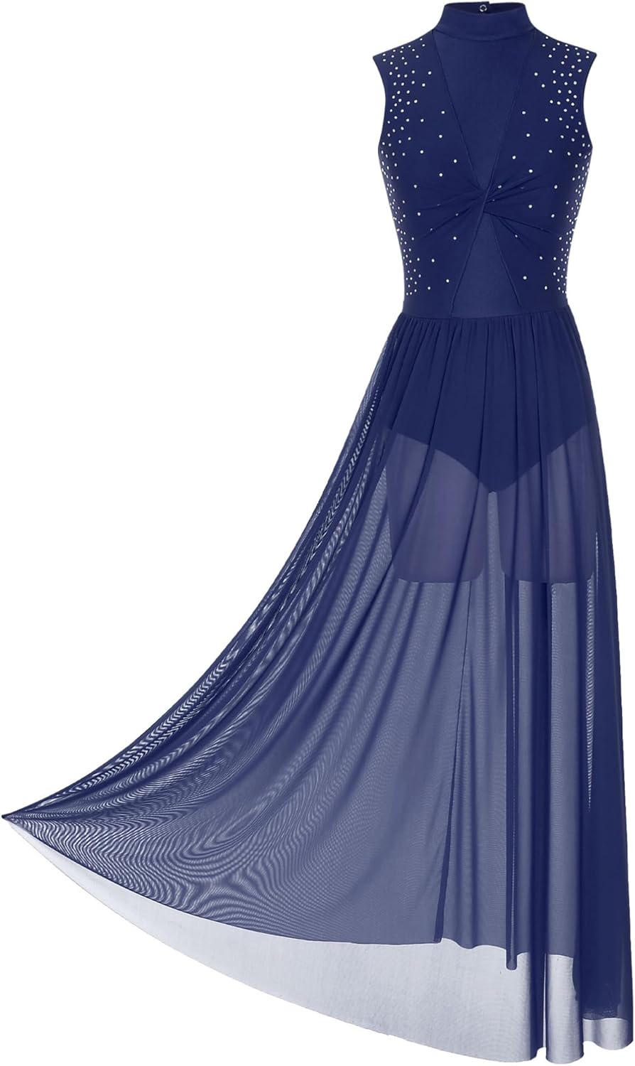 ranrann Women's Lyrical Dance Dress Shiny Rhinestone Modern Contemporary Dancewear Backless Leotard Long Skirt