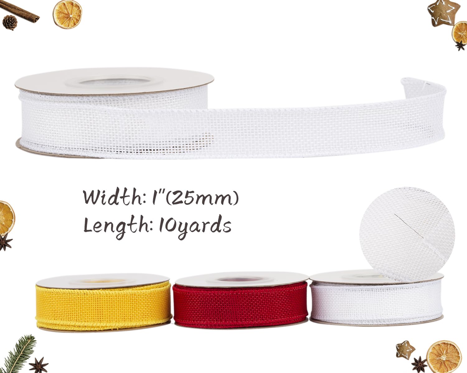 Tekdeere Burlap Ribbon 25mm x 9 Meters, White Wired Ribbon for Crafts, Gift Wrapping, Wreaths, Bows, Tree Decoration and Outdoor Decoration - Image 2