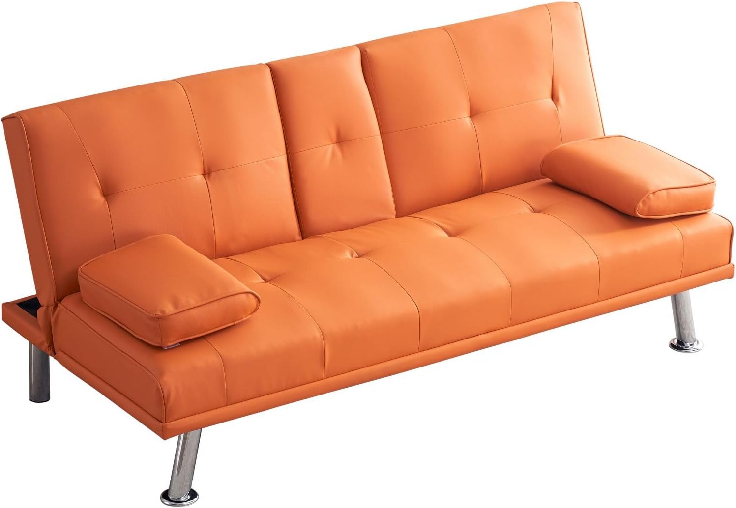 67" Faux Leather Folding Sofa Bed with Cup Holders, Convertible Futon Couch Bed with Adjustable Backrest & Removable Armrests, 3 in 1 Sleeper Loveseat Sofa for Living Room, Office (Orange)