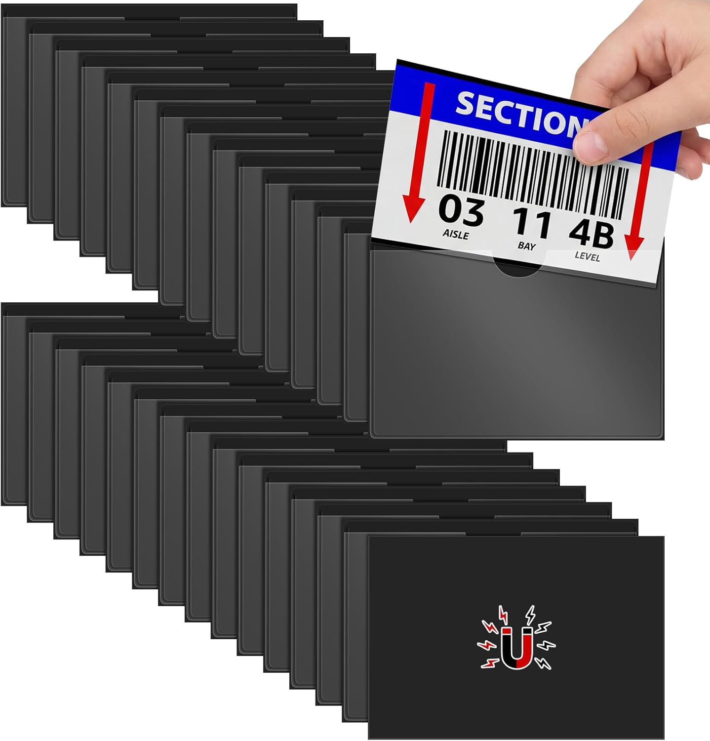 Gilprop 30 Pcs Magnetic Label Holders Pallet Rack 5.3 x 3.7 Inch Magnetic Labels for Shelving Clear Business Card Holders with Magnet File Cabinet Holder Magnet for Whiteboard Bins Office Gift(Black)