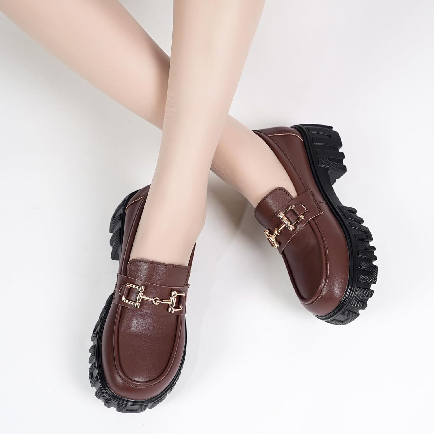 Maichal Platform Loafers for Women Slip On Chunky Heel Lug Sole Shoes Business Work Dressy Loafers with Chain - Image 2