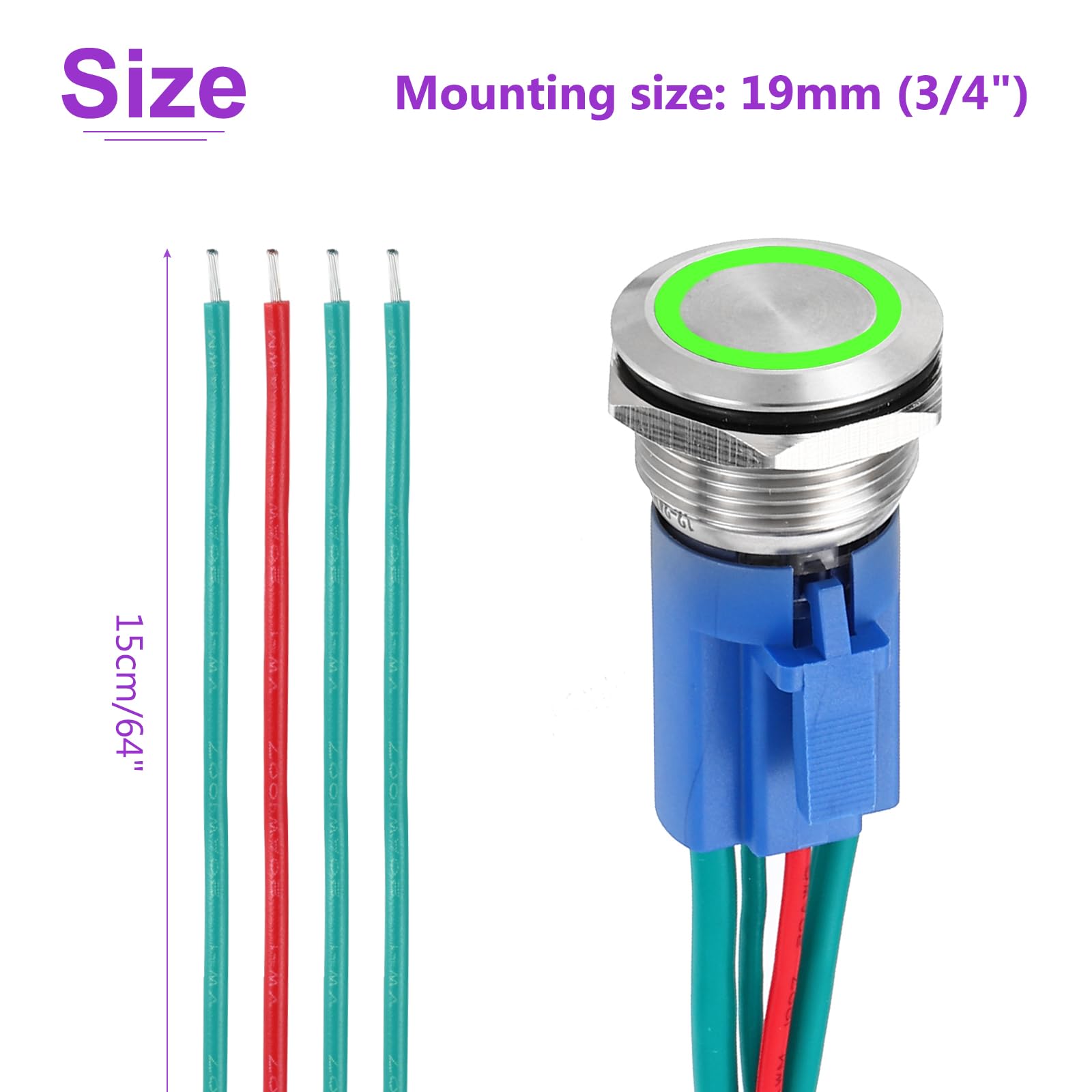 DMiotech 1 Pcs 19mm / 3/4" Stainless Steel Latching Push Button Switch 1NO 15A 12-24V Silver Button Green Ring Lamp with Socket Plug with Wire for Car Boat Systems Custom Setups - Image 4