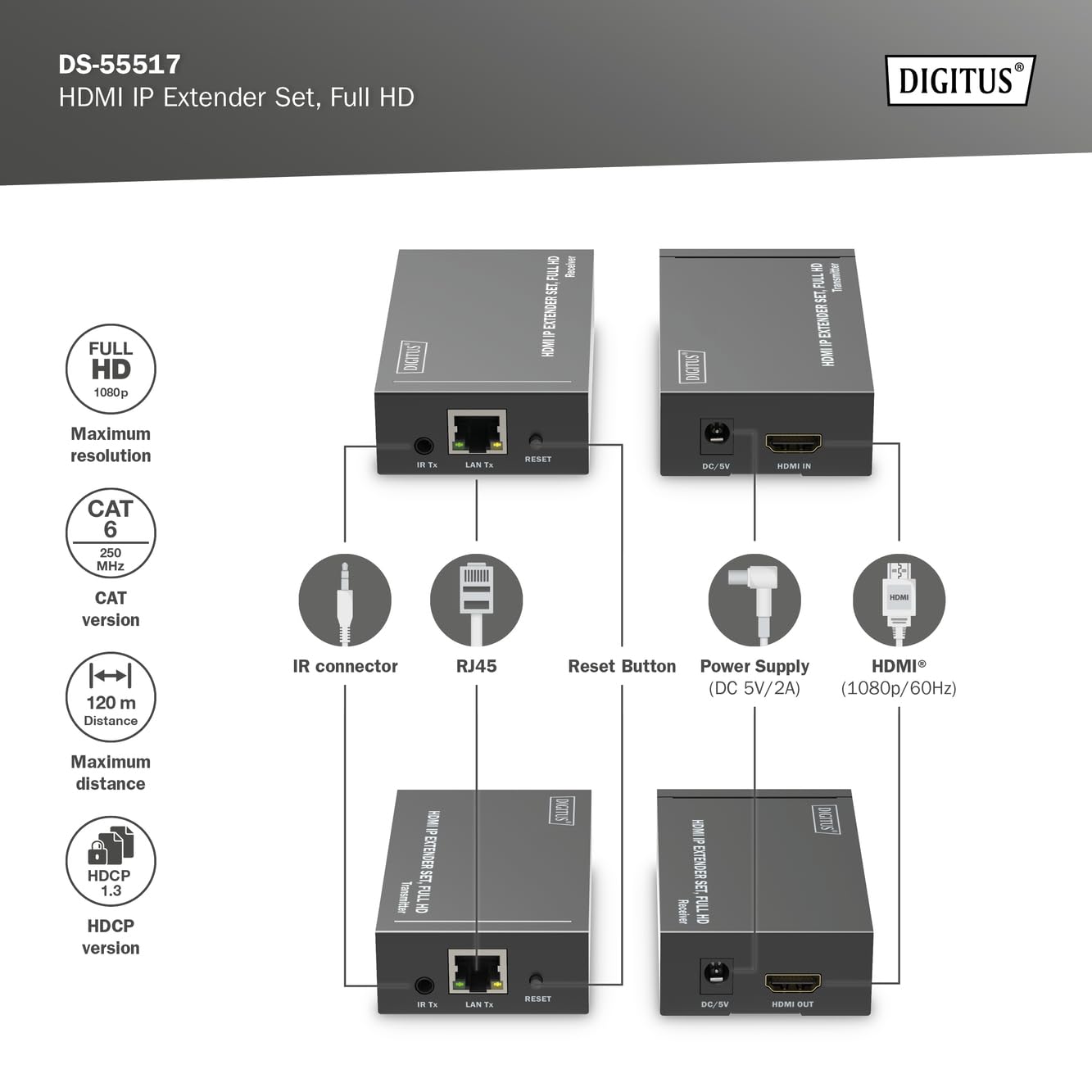 DIGITUS DS-55517 Estensore HDMI Splitter Full HD 1080p 60 Hz 120 m LAN Ethernet