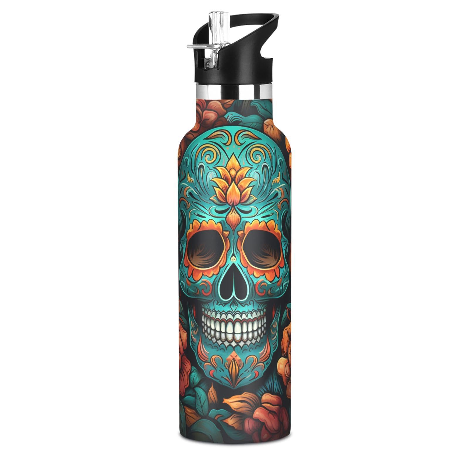 Kaaviyo Boys Pattern Decorative Sugar Skulls Floral Water Bottle Stainless Steel Jug Insulated Vacuum Cup For Girls(600Ml)