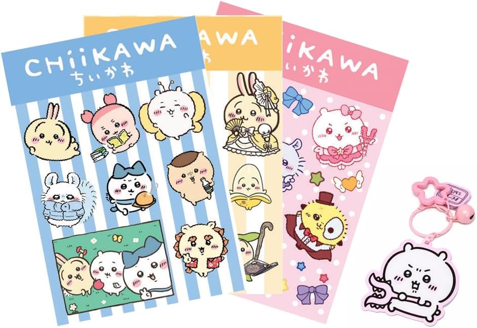 3-Pack Sticker Sheet 1 Keychain For Keys Backpack Purse Cute Chikawas Stickers For Cars Laptop Decor UV Resistant