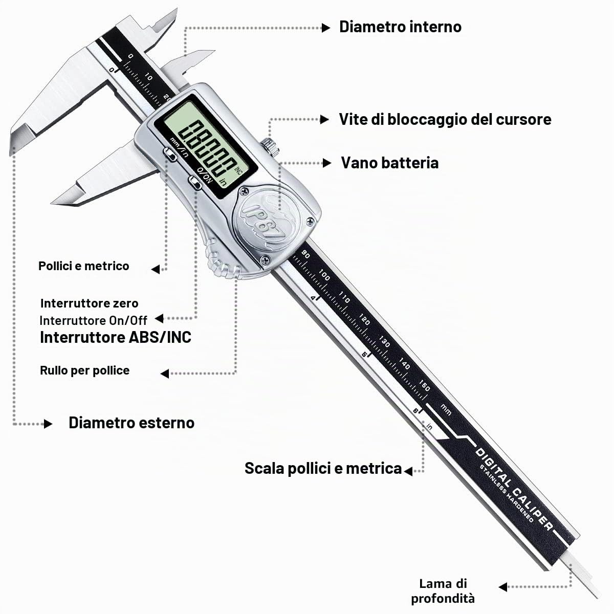 Kynup Calibro digitale 0-6 pollici/150 mm IP67 acciaio inossidabile