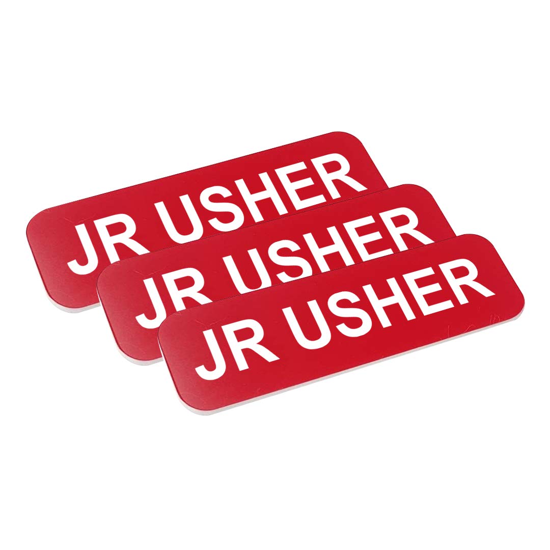 Jr Usher 1x3 Inch Name Tags – Red Background, White Text, 3 Pack With Pin Fasteners - View #7