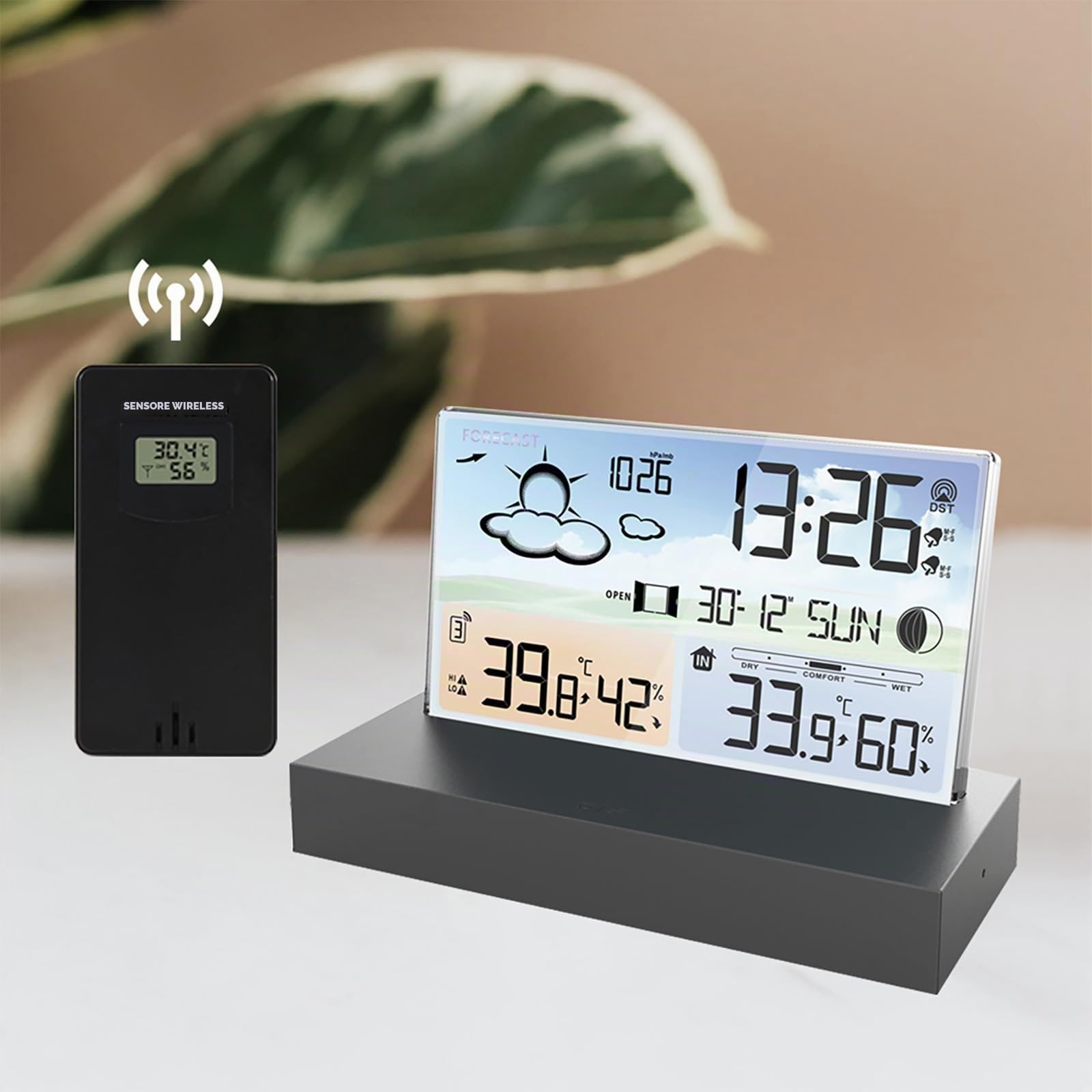 Stazione Meteorologica con Sensore Wireless Esterno, Stazione Meteorologica Digitale con Display LCD Wireless con Doppia Sveglia/Data/Temperatura/Umidità/Avviso/Barometrico/Previsioni Meteo Per Casa