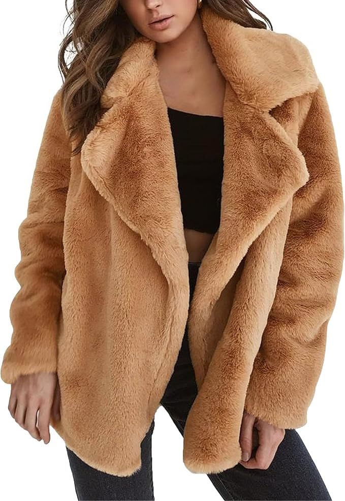Women's Lapel Open Front Warm Faux Fur Jacket Coats Long Sleeve Fleece Cardigan Jackets Overcoat with Pockets