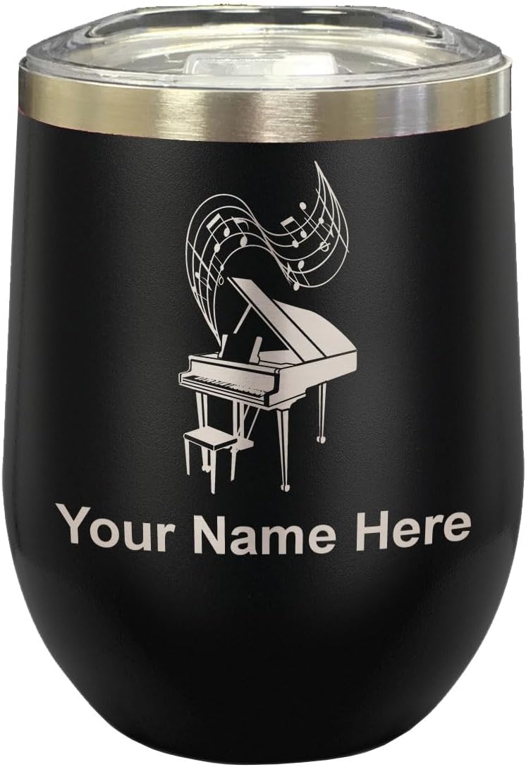 LaserGram 16oz Double Wall Stainless Steel Wine Glass Tumbler, Grand Piano, Personalized Engraving Included (Black)
