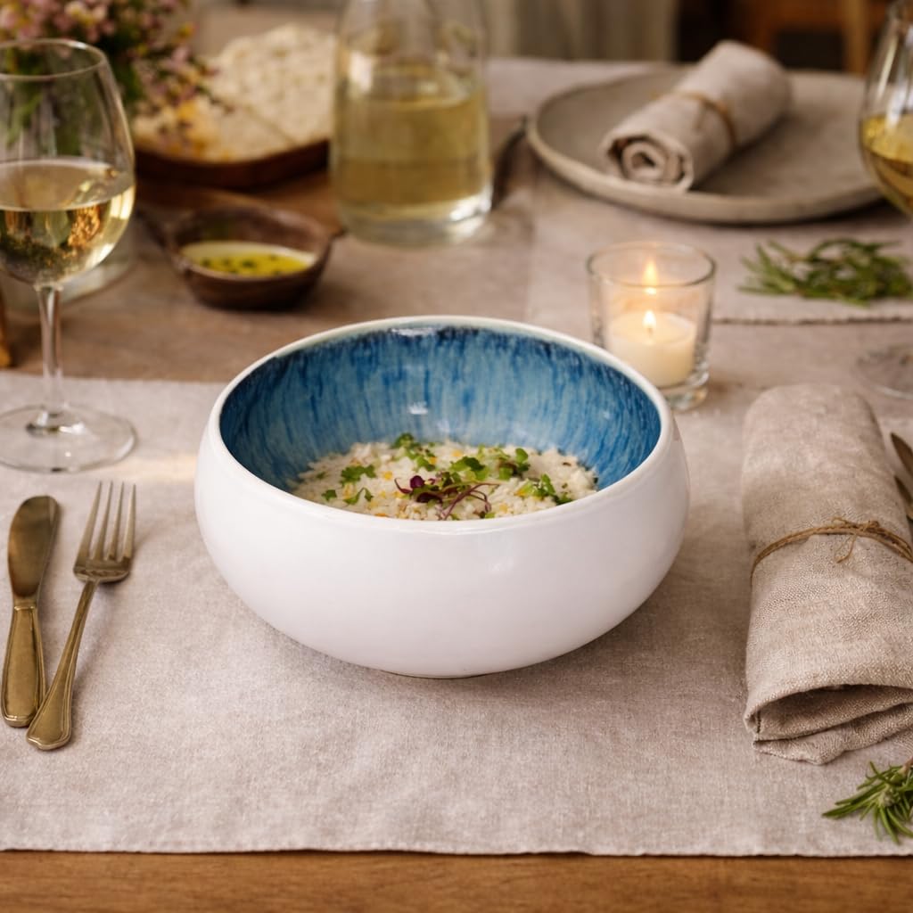 Cuencos Sopa Bol Ramen Cuencos aperitivos Bowl Ceramica Tazones Desayuno Platos Vajilla Gres de Calidad - Fabricados a Mano - 4 Piezas 15,5cm -Gran Dureza Aptos Lavavajillas Microondas, Color Blanco