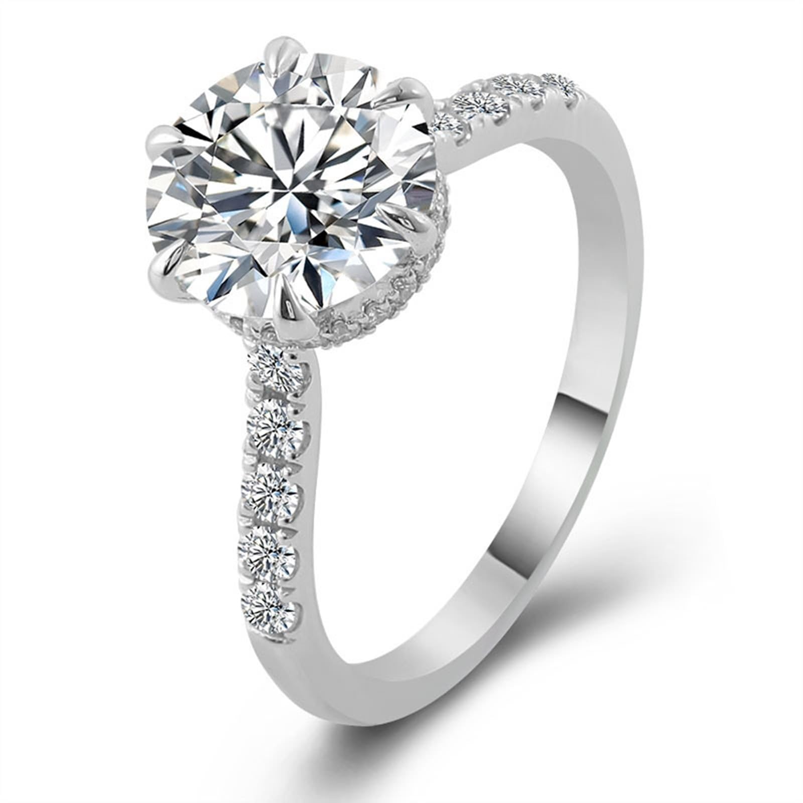 Bague pour femme en or blanc 9 carats avec moissanite ronde à 6 dents