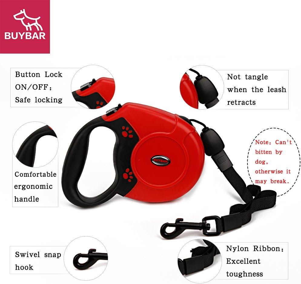 BUYBAR Eco-Friendly Retractable Nylon Dog Leash with One Button Lock and Ergonomic Hand Grip, Large, Red