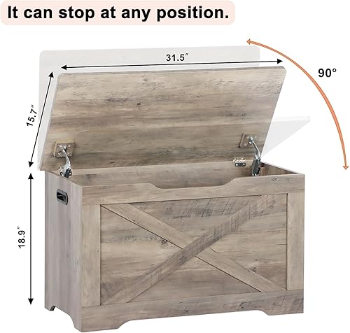 Vista 3 de Baúl de almacenamiento, banco de almacenamiento de madera, banco de zapatos de entrada con 2 bisagras de seguridad, baúl de almacenamiento retro Gris