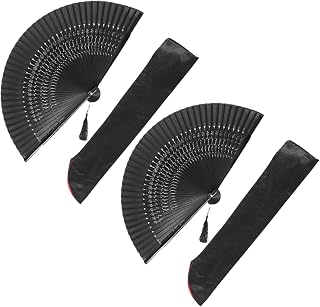 Foldable Handheld Fan for Women 15 Inch Black Cloth | Storage Bag Included, Japanese Pattern Style, Lightweight Comfortable Grip, Club and Stage Performances