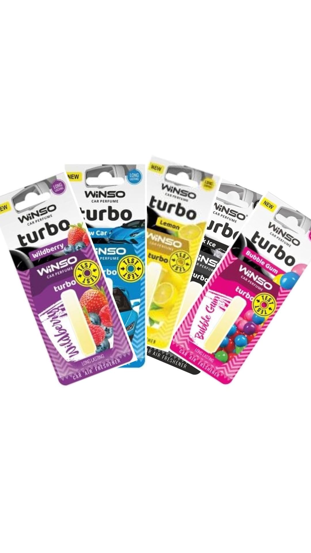 Winso Turbo Car Air Freshener Bundle with Multiple Flavors: Lemon, Bubble Gum, Wildberry, New Car, Black Ice | Long-Lasting Freshness Guaranteed! (Medium, 5, count)