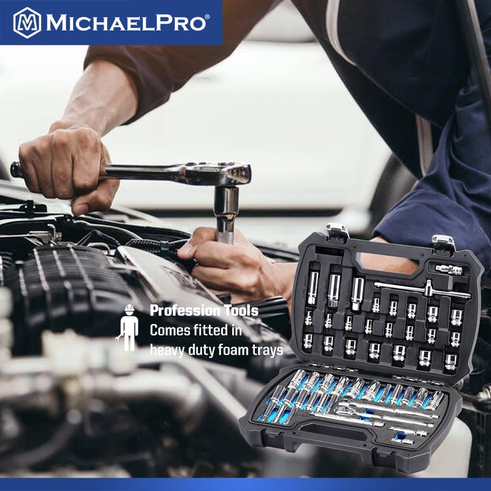 MichaelPro 50-Piece 3/8'' Dr. Socket Set, 90-Tooth Standard & Deep Sockets, SAE 3/8''- 13/16'' & Metric 8-22mm, with Extensions, 8'' Flex Handle, Sliding T-Bar, Universal Joint, CR-V Steel | MP005060