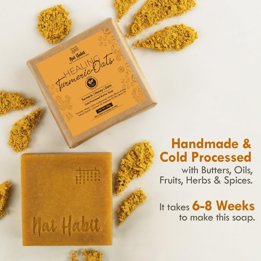 Nat Habit Butter Bath Soap, All-Natural Handmade Cold Pressed Turmeric Oats made with Turmeric, Oats, Kokum Butter and Honey, for Non-Drying Cleansing and Light Exfoliation (Pack of 2 X 4.4 Oz)