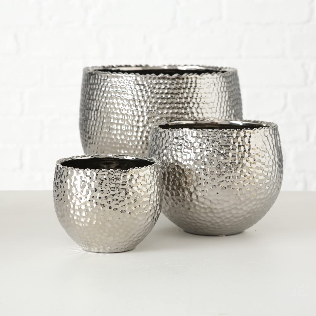 Boltze Pflanztopf Lajos 3-teilig (Blumentopf-Set, edles Design, ø 24 cm/ 13 cm/ 17 cm, Übertopf für Zimmerpflanzen) 5339700, Silber