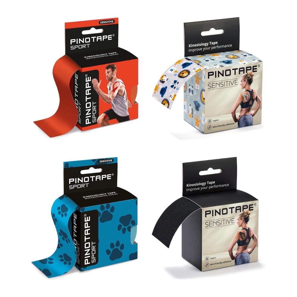 Pinotape Sensitive Lot de 3 bandes de kinésiologie étanches pour peaux sensibles Bleu clair, noir clair et beige clair 5 cm x 5 m