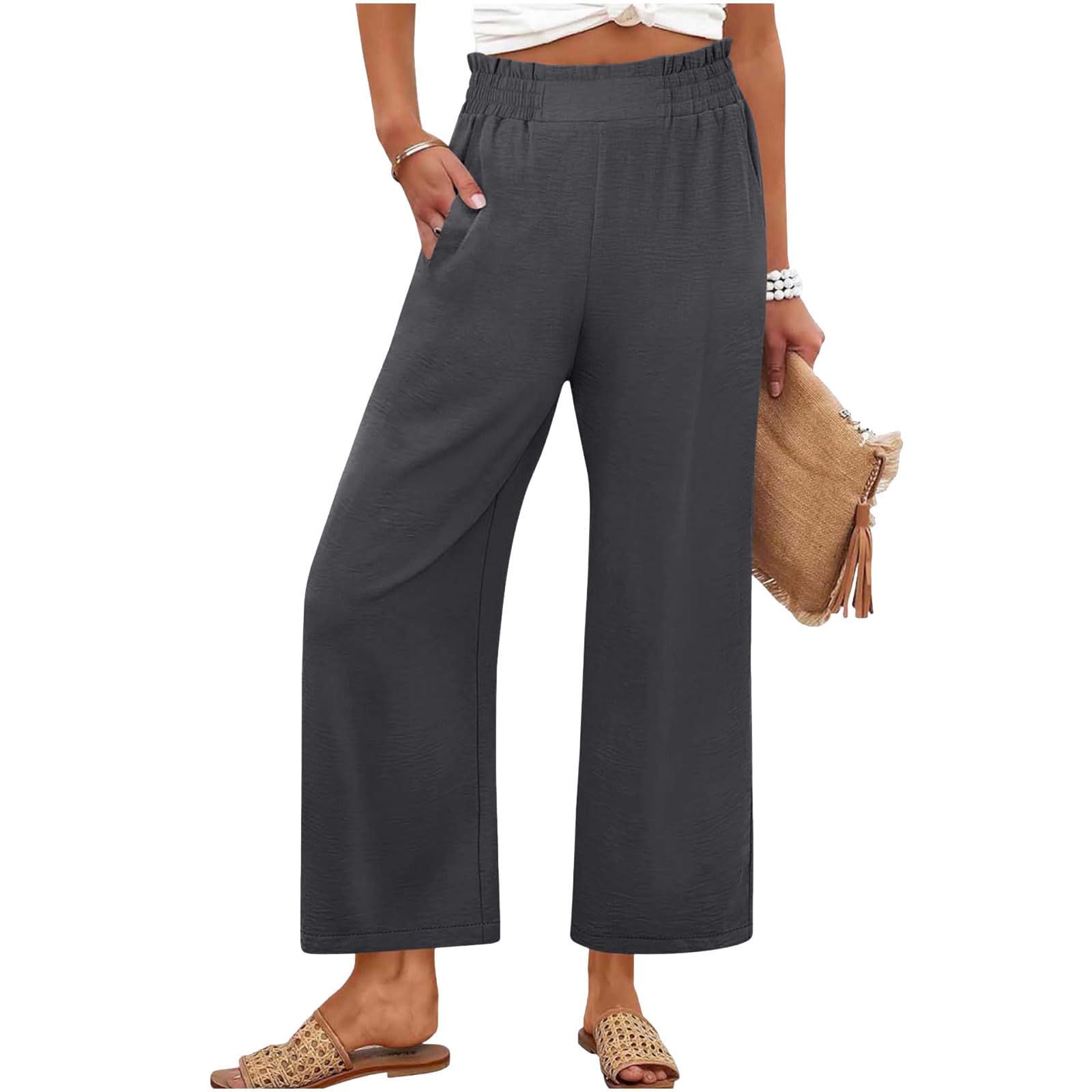 Womens Pants Wide Leg High Waisted Flowy Palazzo Pant Summer Flowy Beach Vacation Lounge Casual Trousers with Pockets