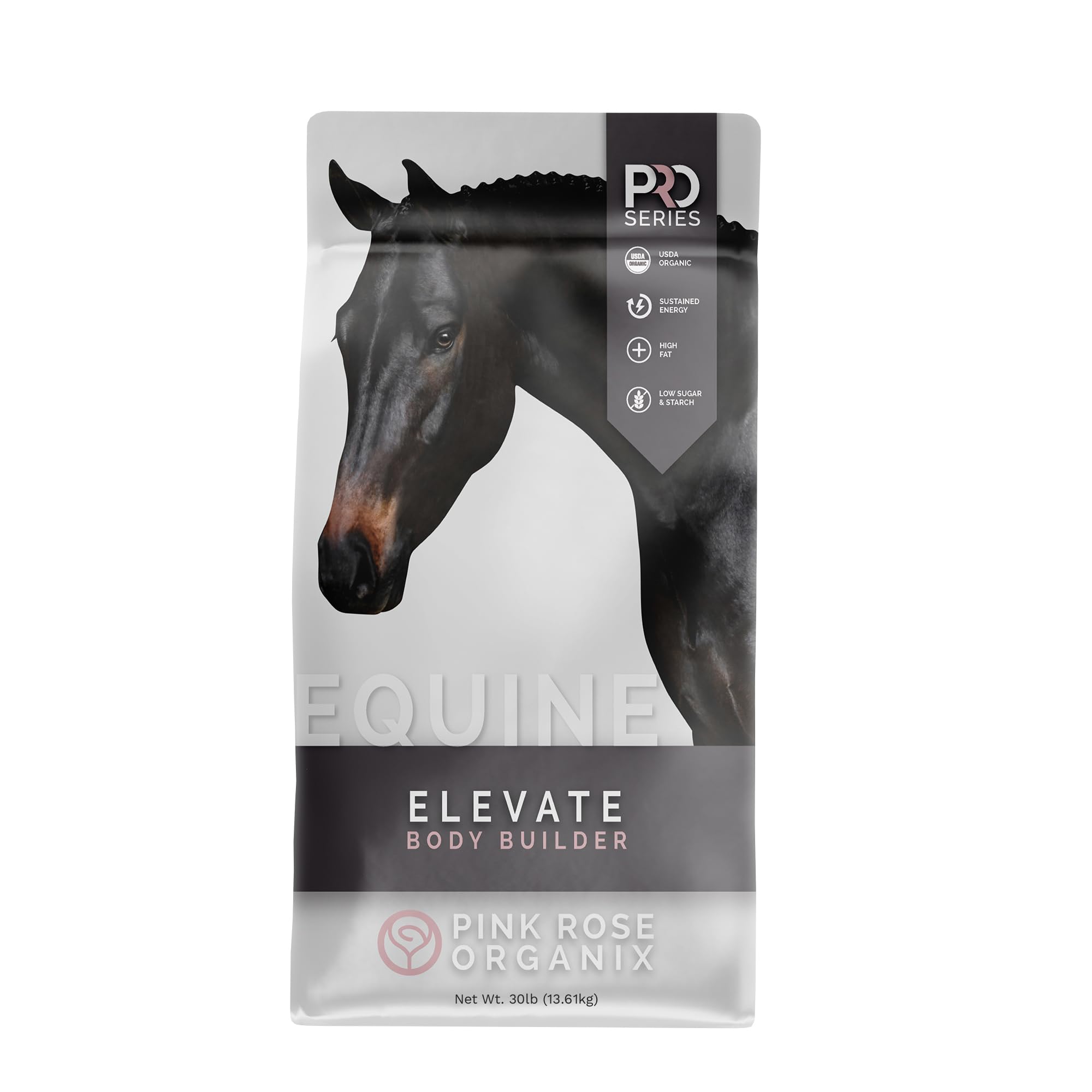Pink Rose Organix PRO Series Elevate Body Builder Equine Feed, 30lbs - High-Fat Cool Calorie Body Builder for Gut, Brain, Cell & Body Health - Ideal for Hard Keepers - Low NSC & USDA Organic