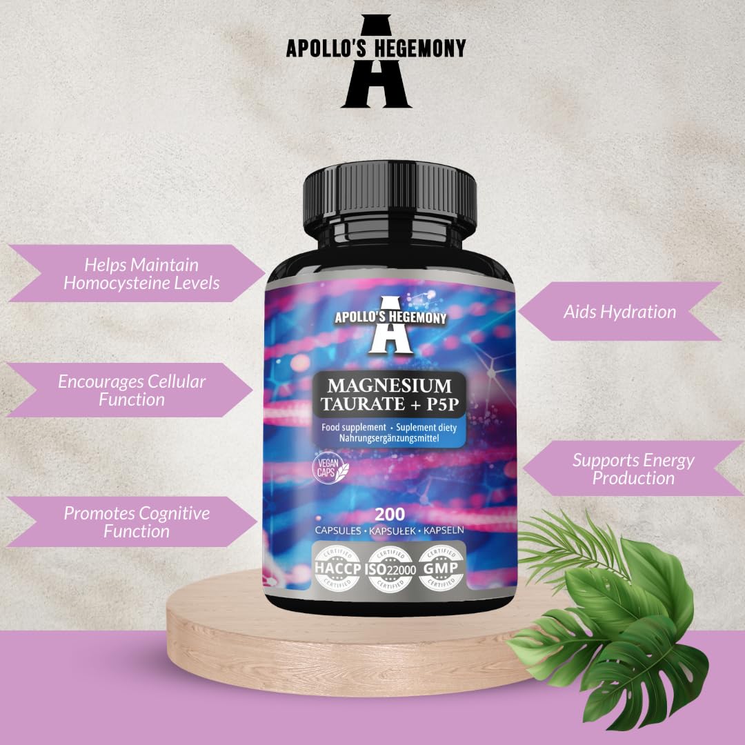 Magnesium Taurate + P-5-P 140 mg par portion - 200 gélules végétaliennes - 100 jours d'approvisionnement - soutient la fonction musculaire et nerveuse - supplément d'Apollo's Hegemony