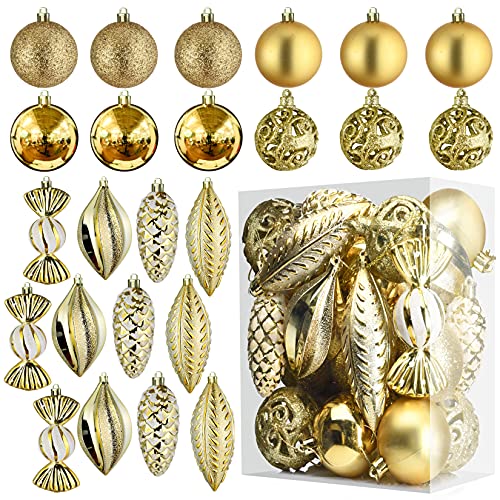 prextex christmas tree ornaments - gold christmas ball ornaments set for christmas, holiday, wreath and party decorations (24 pcs - small, medium, large) shatterproof