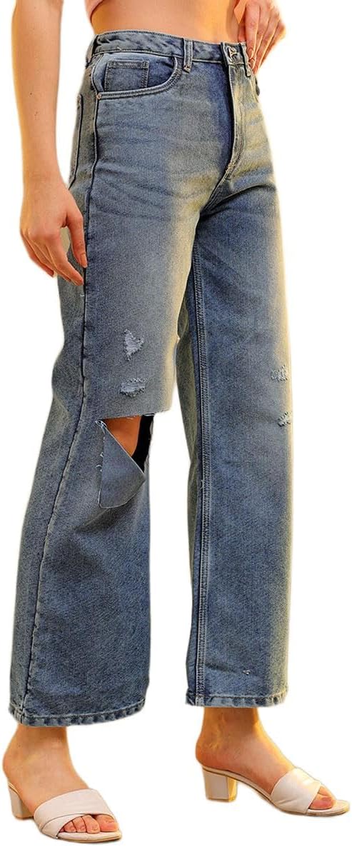 Freehand Blue Mid-Rise Ripped Flared Jeans,Blue,26