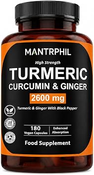 Turmeric Curcumin & Ginger High Strength Capsules with Black Pepper | 180 Vegan Capsules | Turmeric Root Extract Supplement | Plant Based Formula | 3 Month Supply | Food Supplement