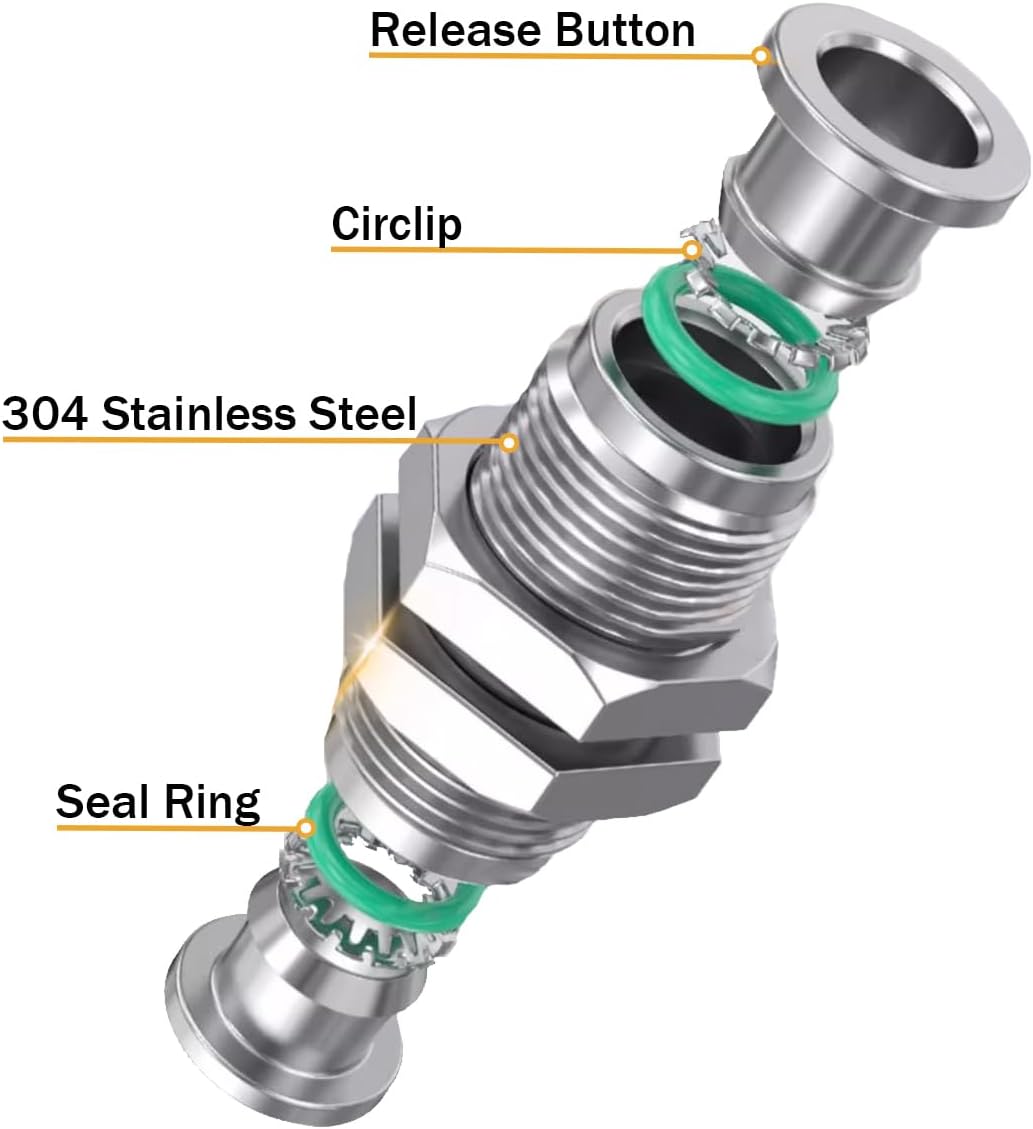 2Pcs 304 Stainless Steel Bulkhead Union 1/4" x 1/4" Tube OD Push to Connect Tube Fitting, PMM-1/4 Pneumatic Quick Connect Air Fitting | 304 Stainless Steel,1/4" Airline Bulkhead, Suitable for Home Garage Air Brake Air Compressor