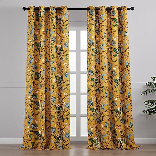 Image of Topfinel Mustard Yellow Vintage Curtains & Drapes 84 Inches Long, Grommet Luxury Whimsical Floral Lemon Hummingbird Patterned Waverly Mid Century Colorful Blackout Drapes for Living Room Bedroom