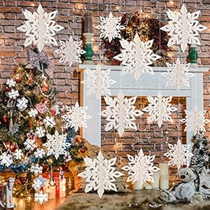 GuassLee Snowflakes Decorations White/Iridescent 12/15pcs Hanging 3D Paper Snowflakes and for Christmas Birthday Party Decorations