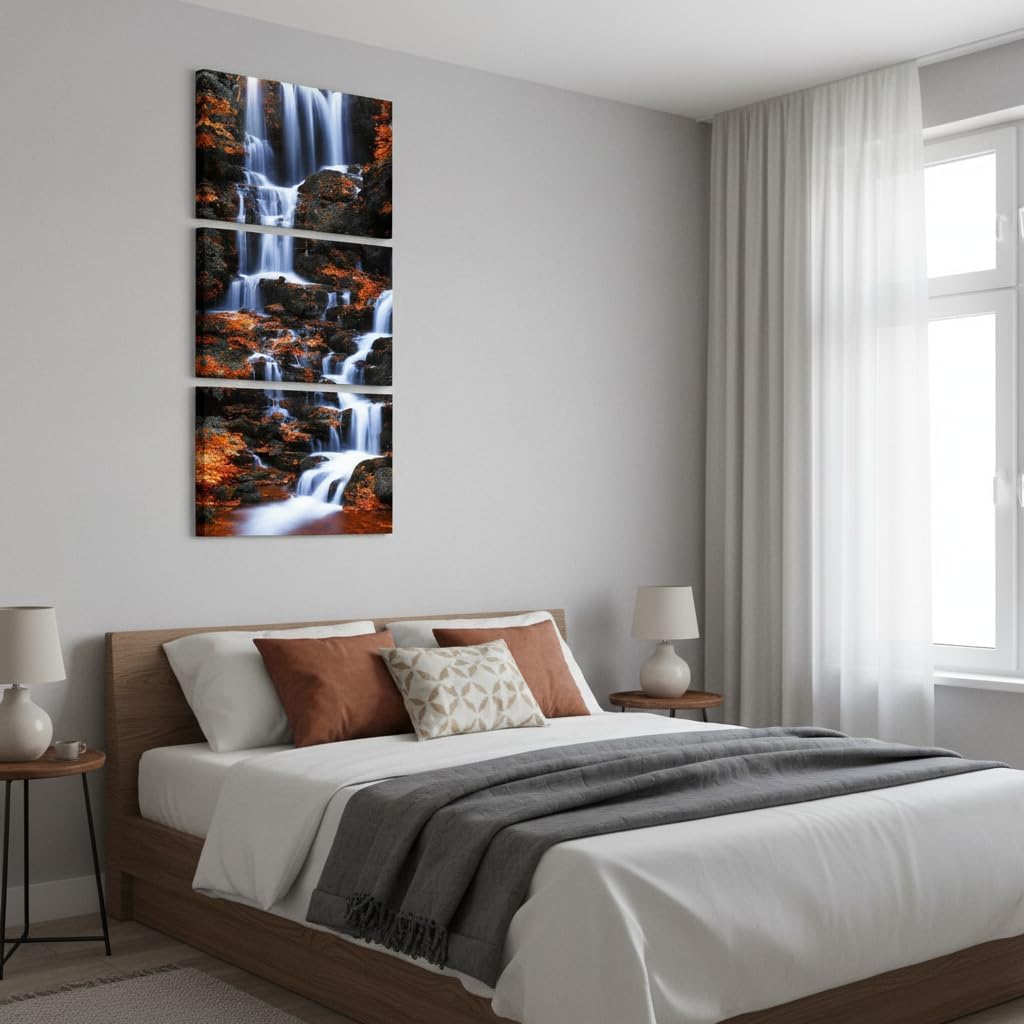 FuShvre Waterfall Canvas Art Wall Decor Vertical Waterfall and Fall Leaves Pictures Framed Nature Landscape Painting Prints Ready to Hang 16x12inchesx3pcs