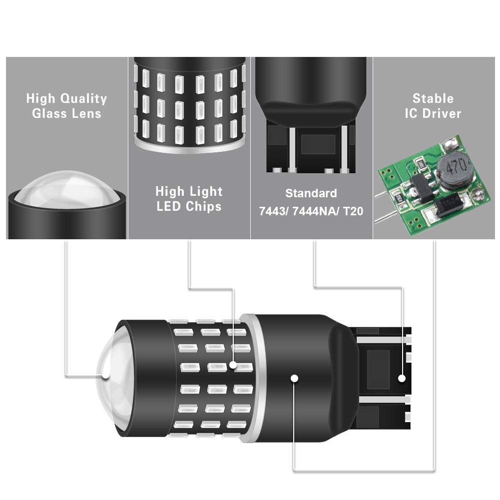 7443 7440 w21/5w 7440NA Bombillas Chipsets 3014SMD 54-EX con proyector de lentes para luces traseras Luces de freno, rojo 12-24 V (paquete de 2)